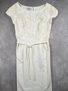 Carlye Vintage Womens Dress Ivory Floral Applique Cap Sleeve XS/S 50s 60s